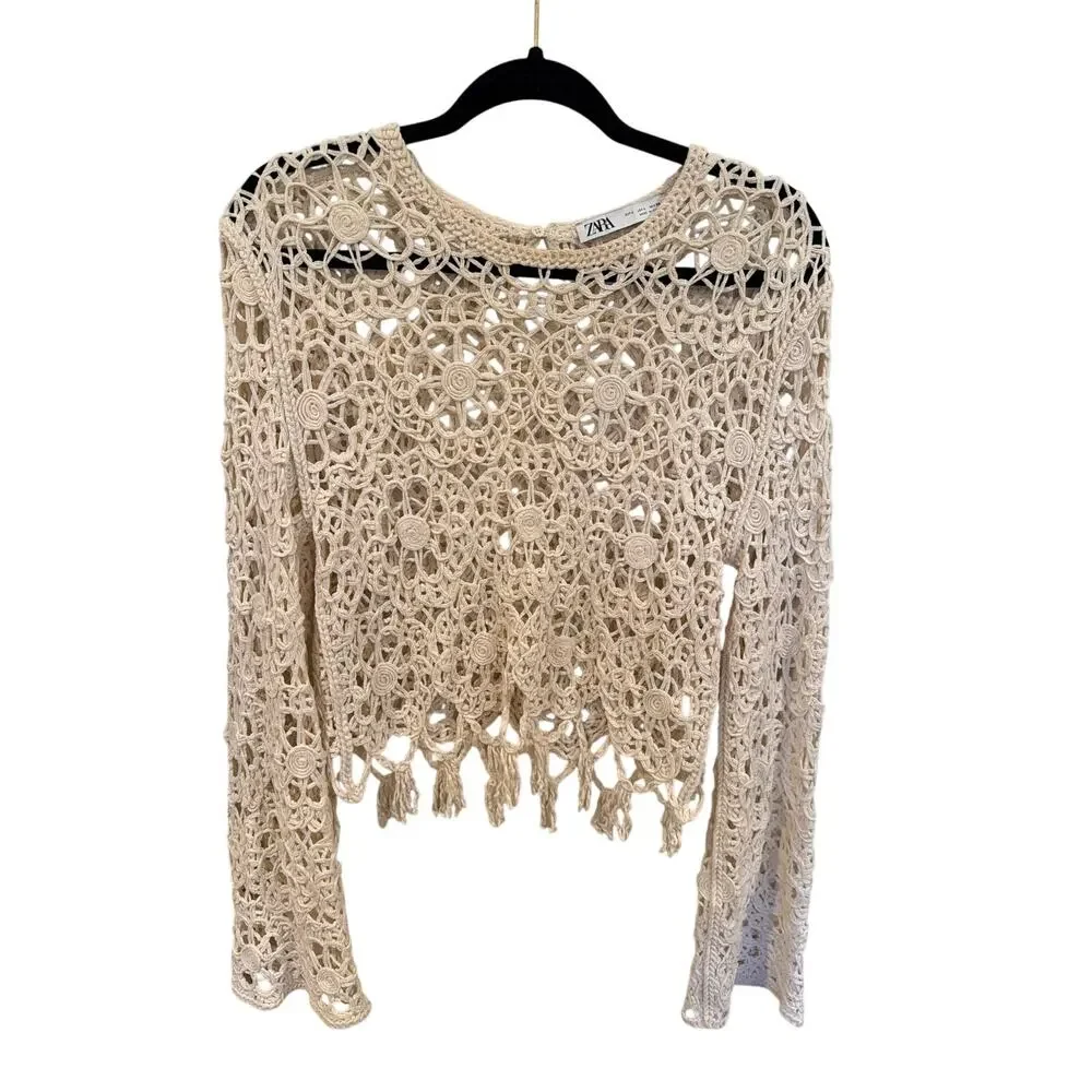 Zara Cream Crochet Open Knit Sweater Top Floral Fringe Boho Long Sleeve